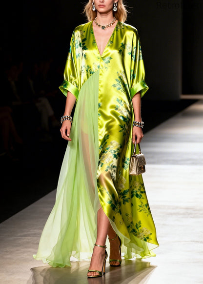 V Neck Print Patchwork Silk Long Dress Summer