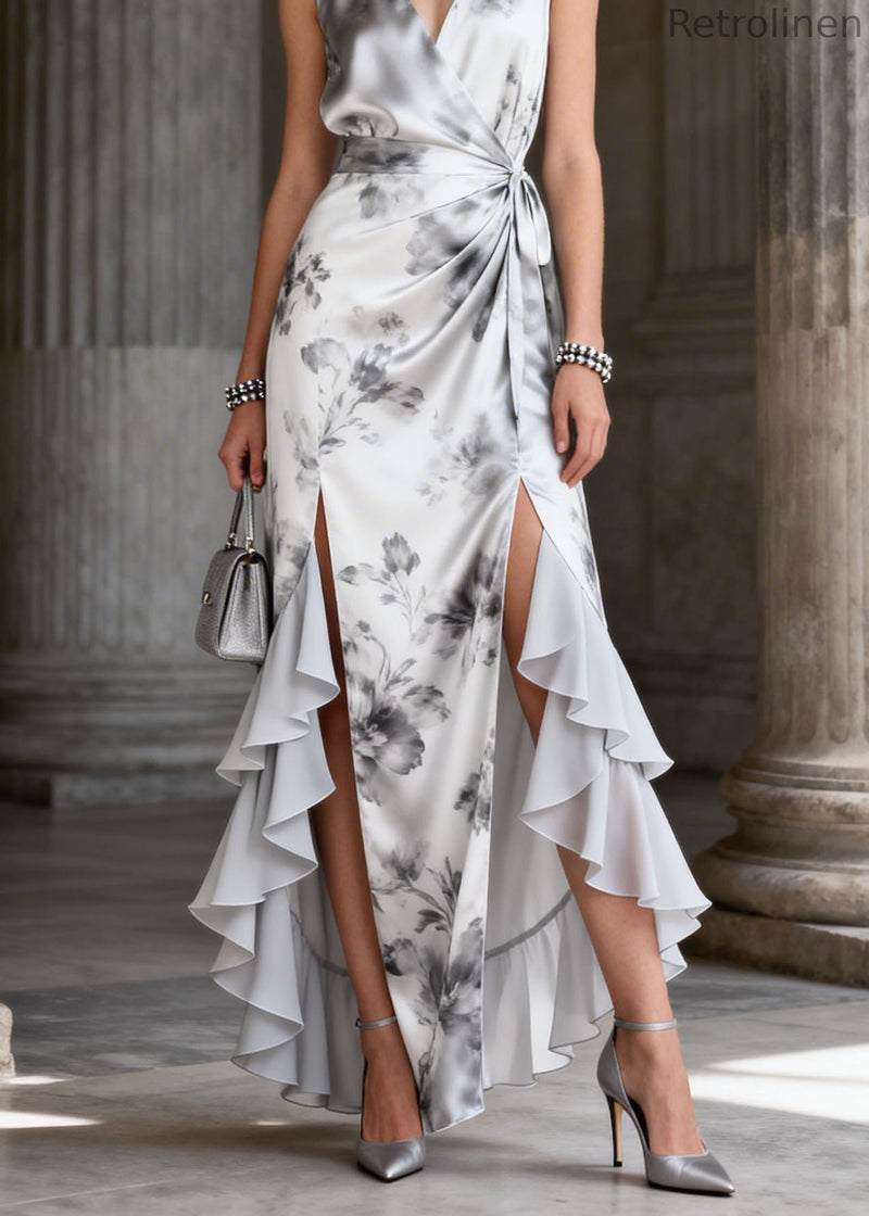 Print Ruffled Asymmetrical Patchwork Silk Maxi Dresses Summer