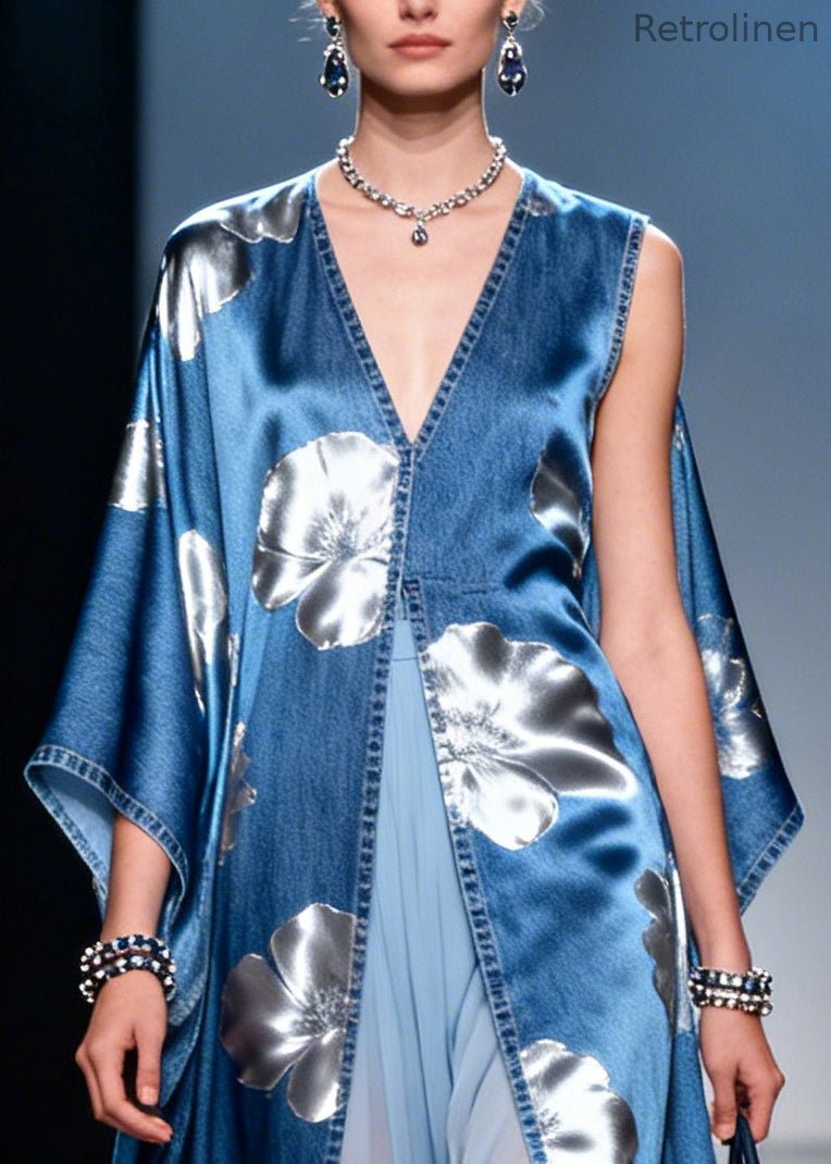 Denim Blue Patchwork Chiffon Dresses Asymmetrical Side Open Summer