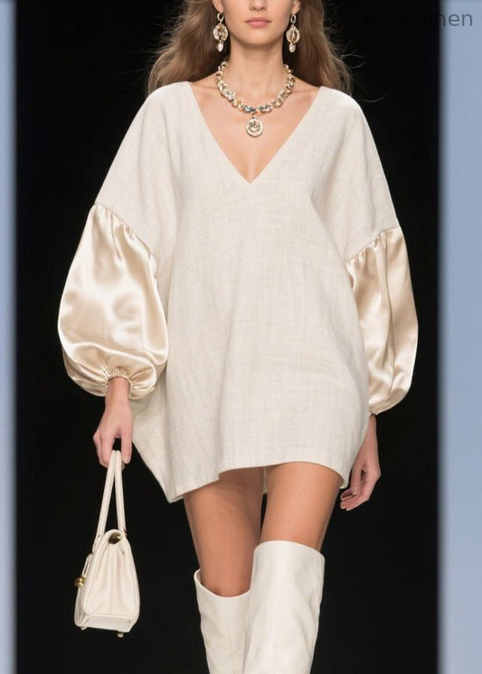 Loose V Neck Silk Patchwork Linen Mid Dress Spring