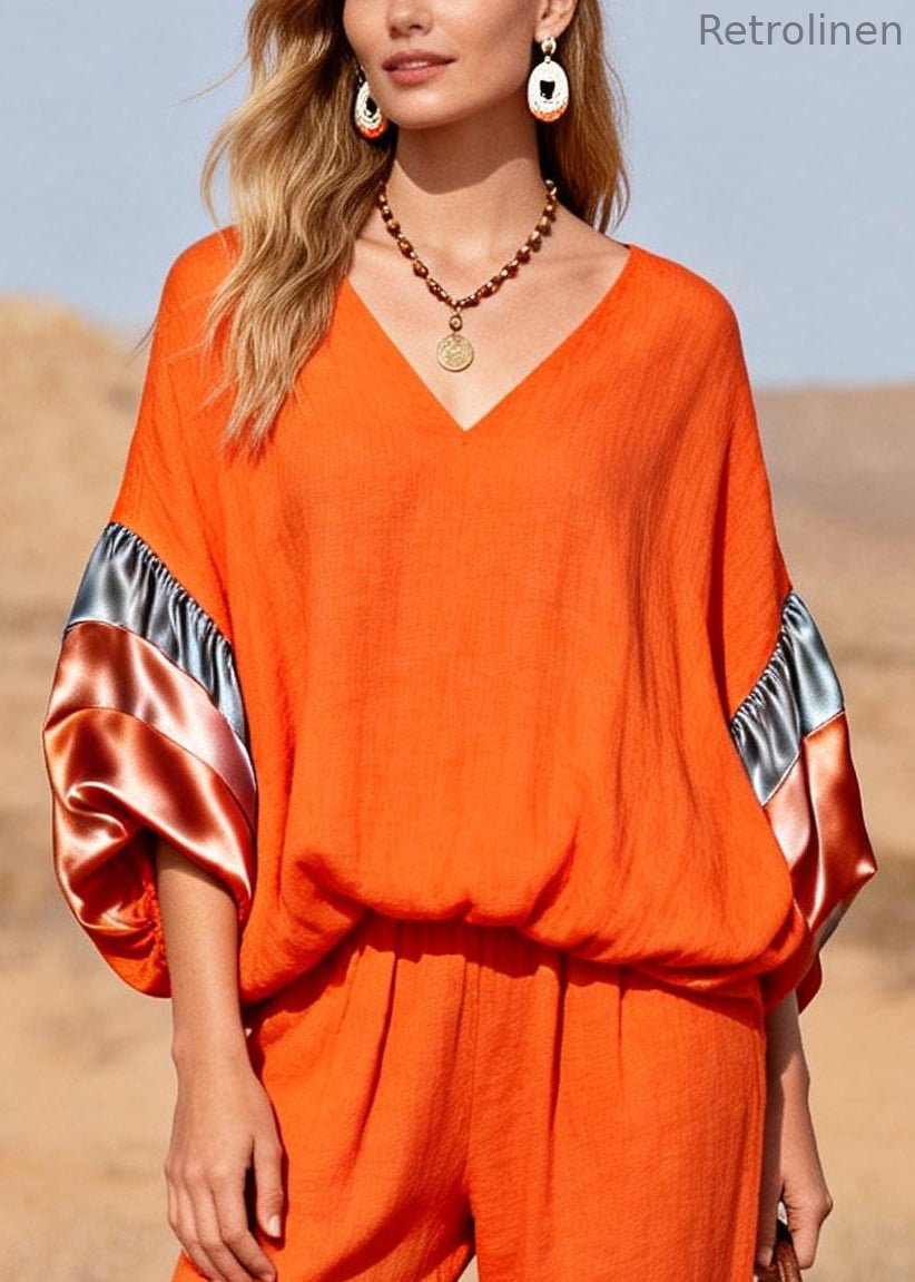 Modern Orange Oversized Patchwork Cotton Two Pieces Set Spring