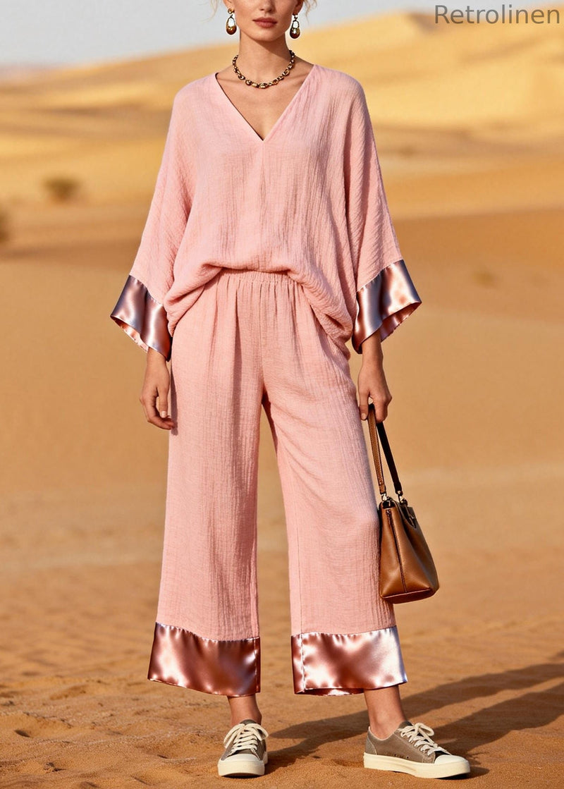 Pink V Neck Patchwork Cotton Two Piece Set Clothing Spring