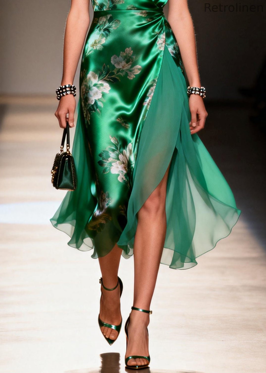 Style Tea Green Print Patchwork Silk Long Dress Summer