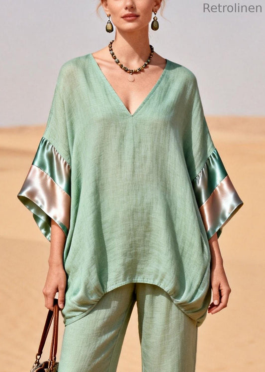 Green Cinched Silk Patchwork Linen Two Pieces Set V Neck Bracelet Sleeve