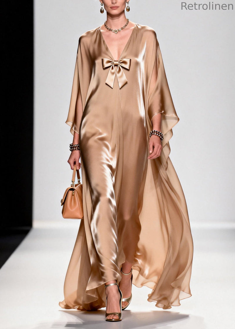 Khaki Bow Exra Large Hem Draping Chiffon Maxi Dresses Summer