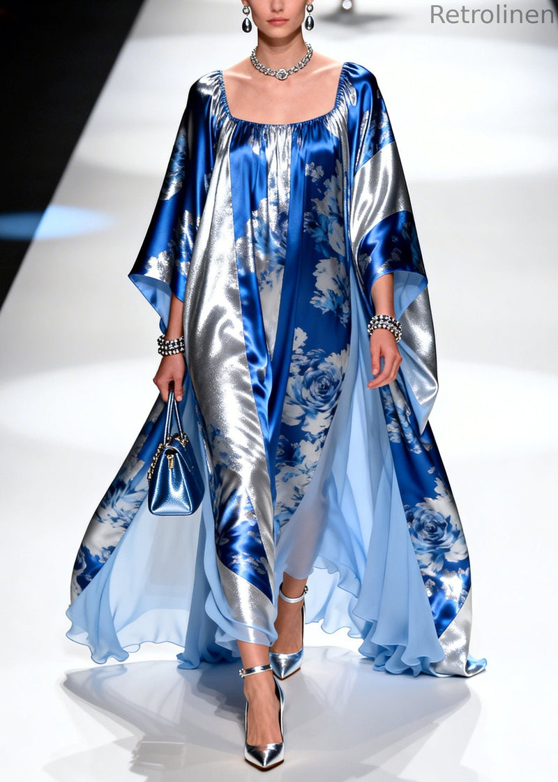 Modern Blue Square Collar Print Chiffon Party Dress Summer