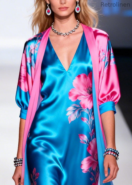 Blue Print Draping Silk Dress and Cardigan Two Pieces Set Summer
