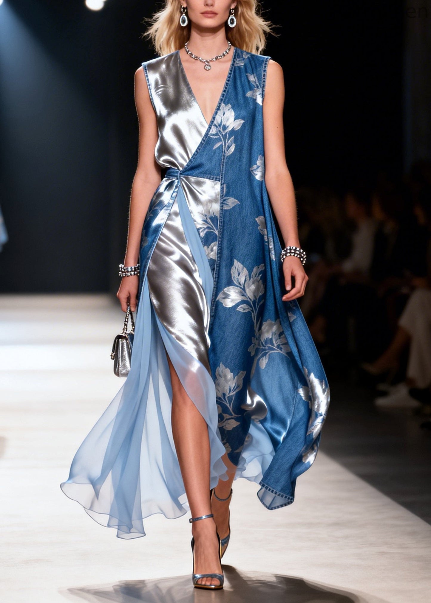 Boutique Blue Asymmetrical Patchwork Print Denim Cami Dress Summer