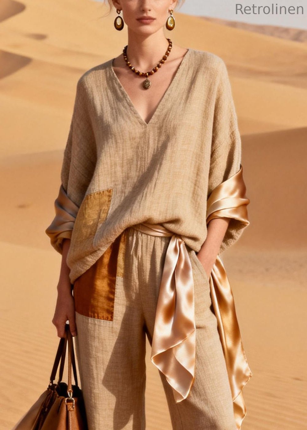 Asymmetrical Silk Patchwork T Shirt and Crop Pants Linen Two Piece Set V Neck Spring