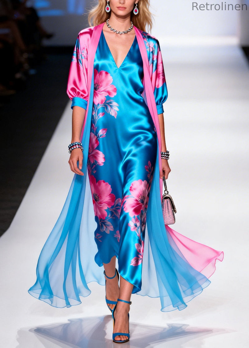 Blue Print Draping Silk Dress and Cardigan Two Pieces Set Summer