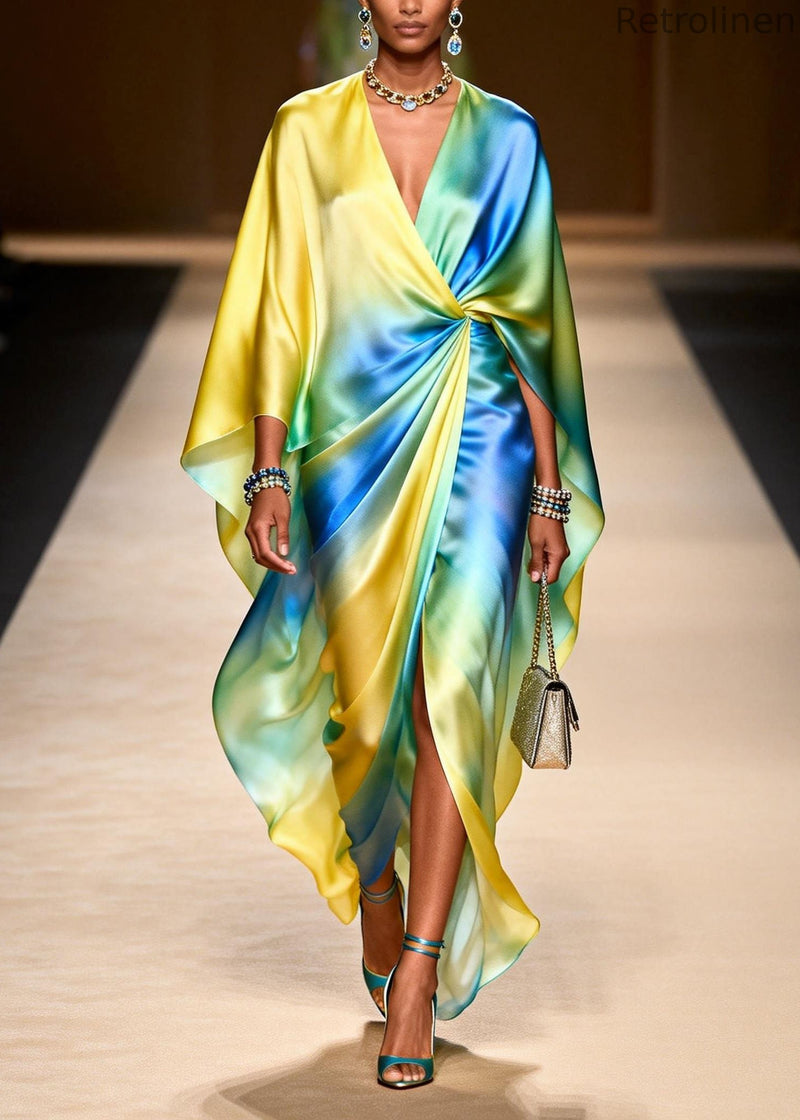 V Neck Tie Dye Side Open Chiffon Dresses Spring
