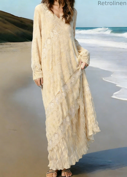 Apricot Wrinkled Lace Patchwork Knit Long Dress Spring
