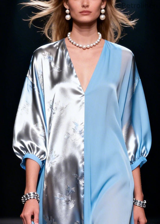 Blue Asymmetrical Patchwork Silk Long Dresses Summer