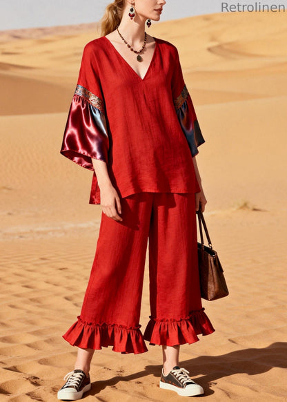 Unique Red Ruffled Patchwork Linen Silk Two Piece Set Outfits Summer