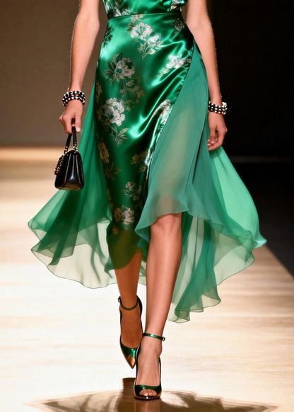 Green V Neck Patchwork Chiffon Robe Dresses Summer