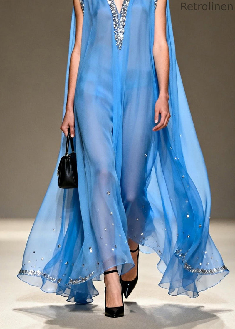 Blue V Neck Zircon Chiffon Long Dress Sleeveless
