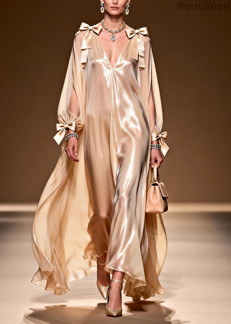 Khaki Bow Oversized Draping Chiffon Party Dresses Summer