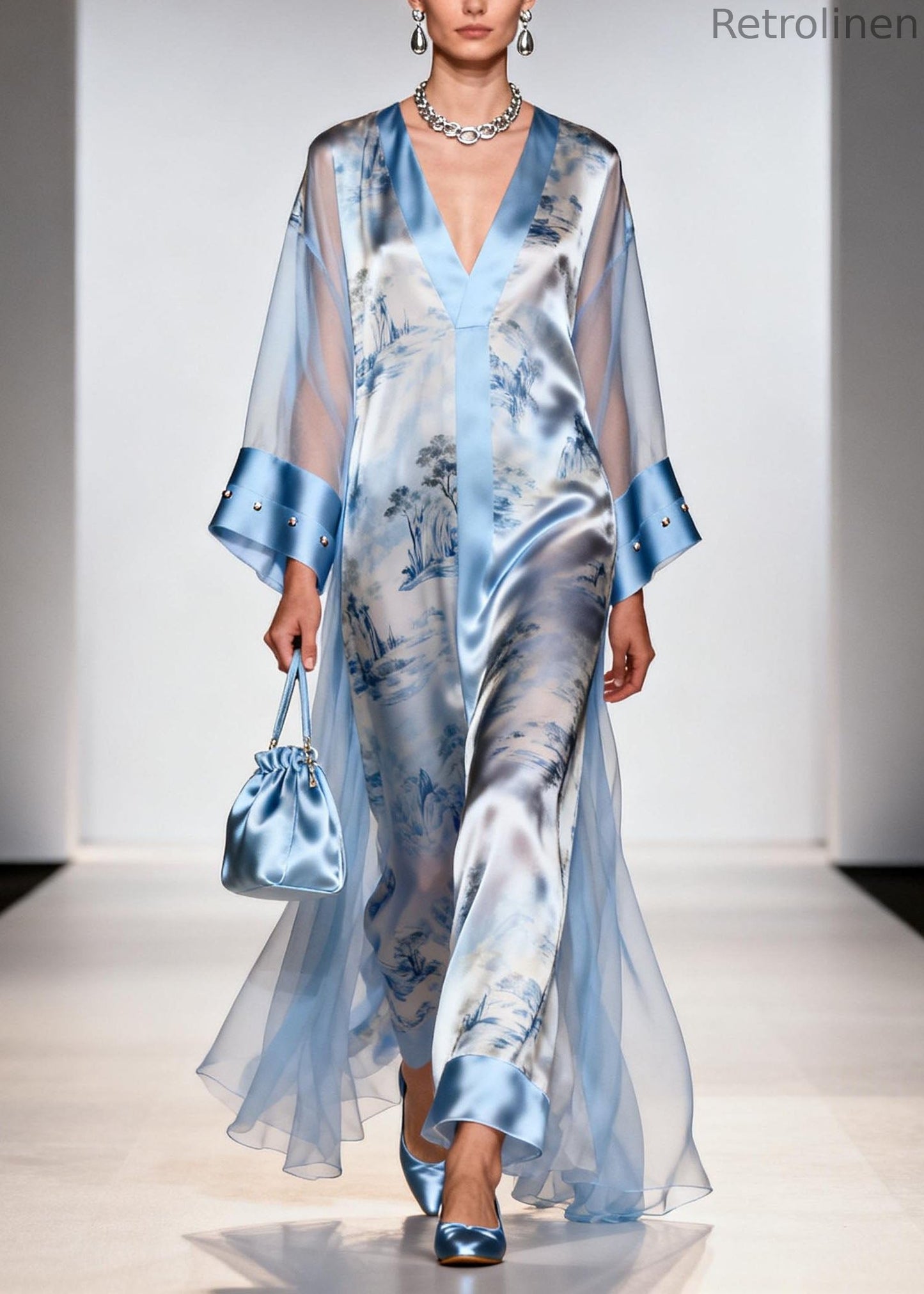 Italian Blue V Neck Print Zircon Chiffon Dresses Summer