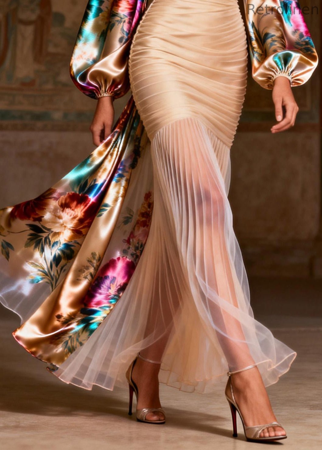 Apricot Print Patchwork Chiffon Pleated Dress Summer
