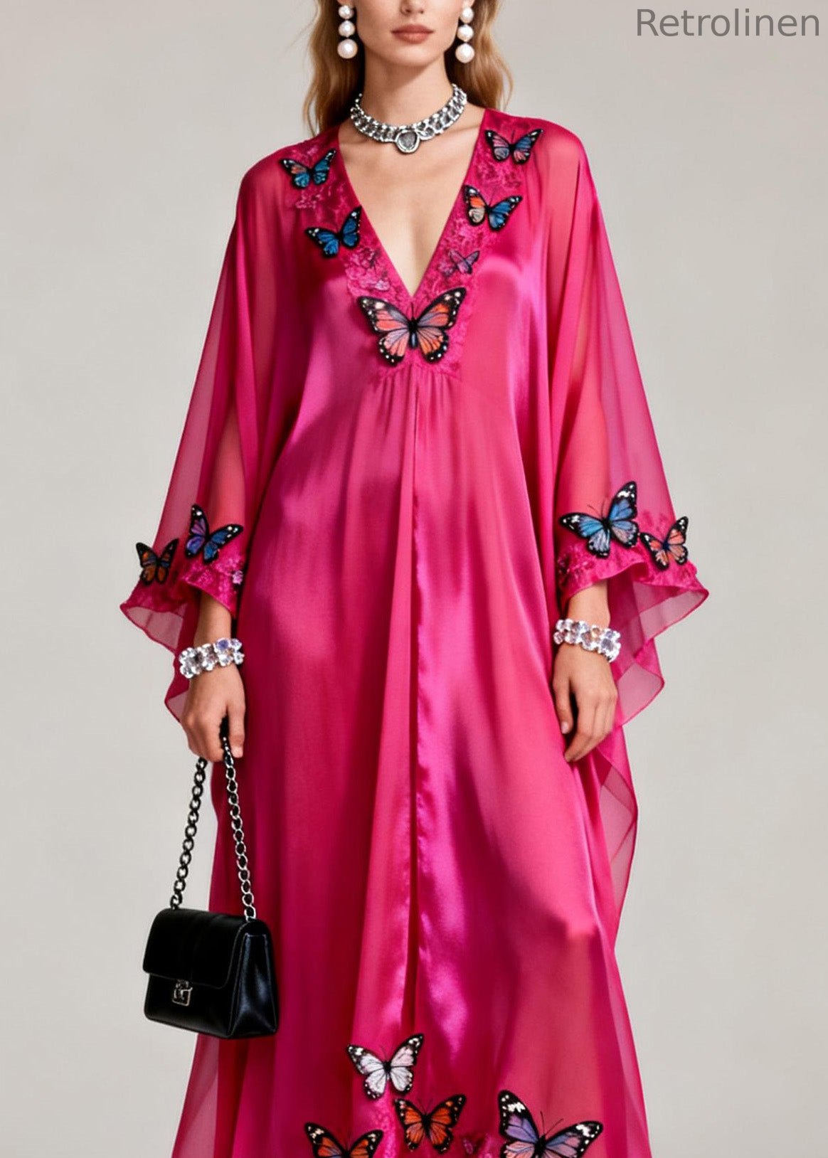Rose V Neck Butterfly Silk Maxi Dresses Spring