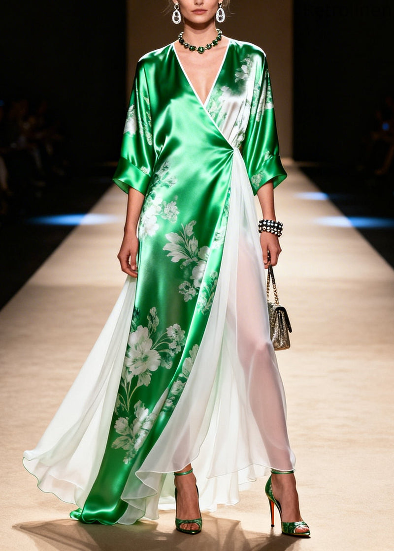 Green Patchwork Exra Large Hem Silk Vacation Dresses Summer