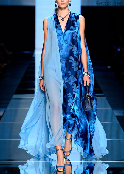 Stylish V Neck Asymmetrical Design Patchwork Chiffon Dresses Sleeveless
