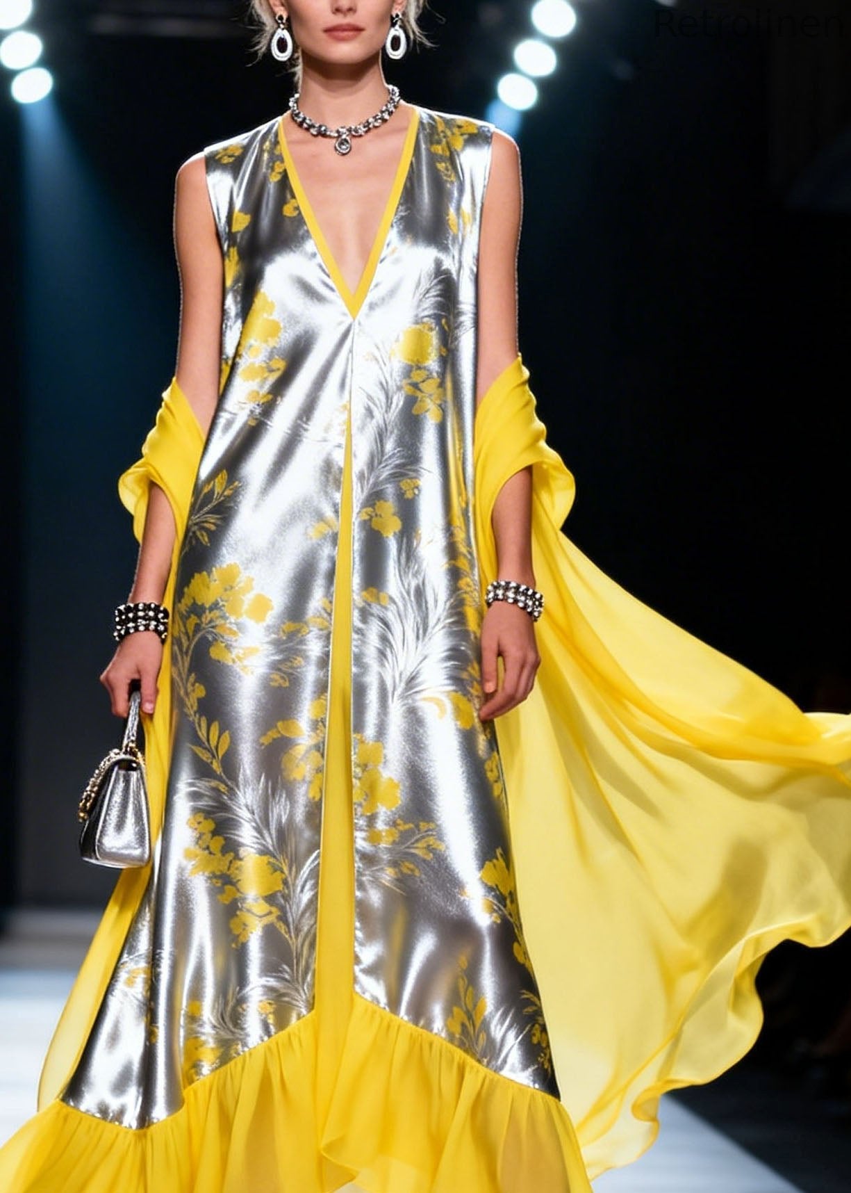 Colorblock V Neck Ruffled Patchwork Silk Dress Summer