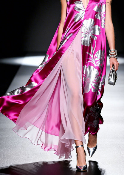 V Neck Print Patchwork Silk Dresses Sleeveless