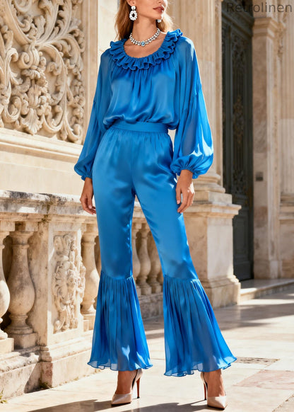 Stylish Blue Ruffled Tops and Flare Bottoms Silk Two Pieces Set Spring