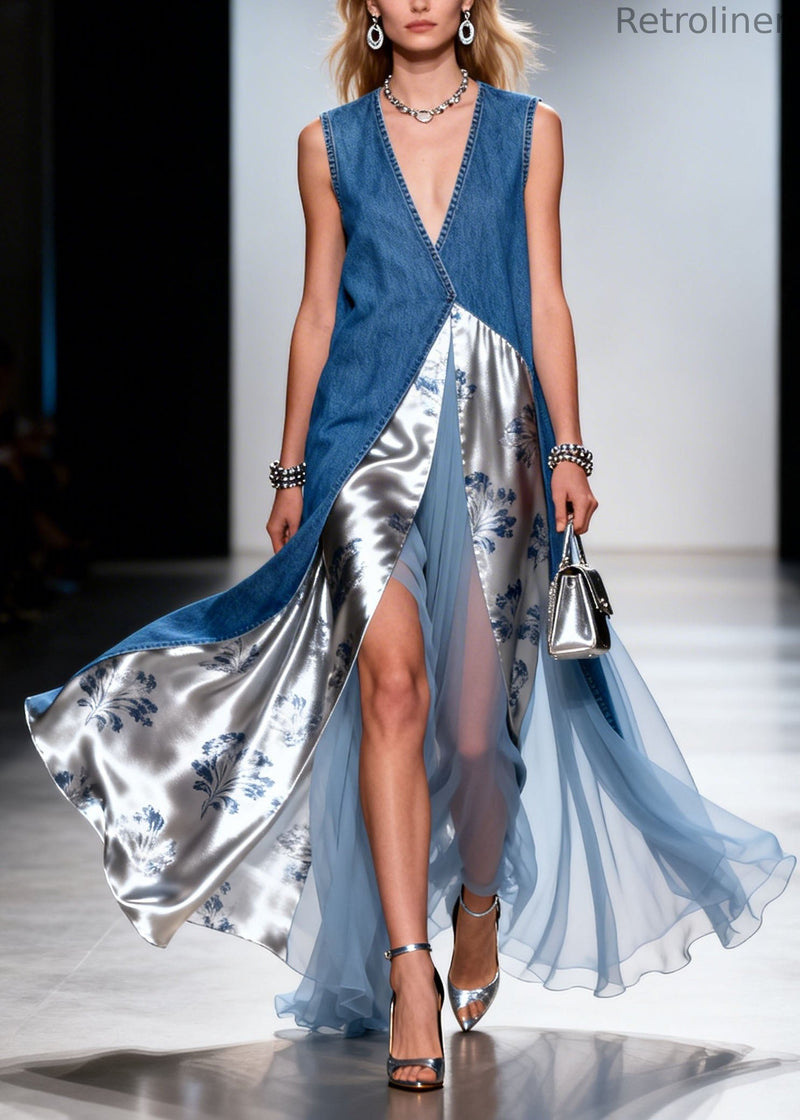 V Neck Asymmetrical Silk Patchwork Denim Dress Summer