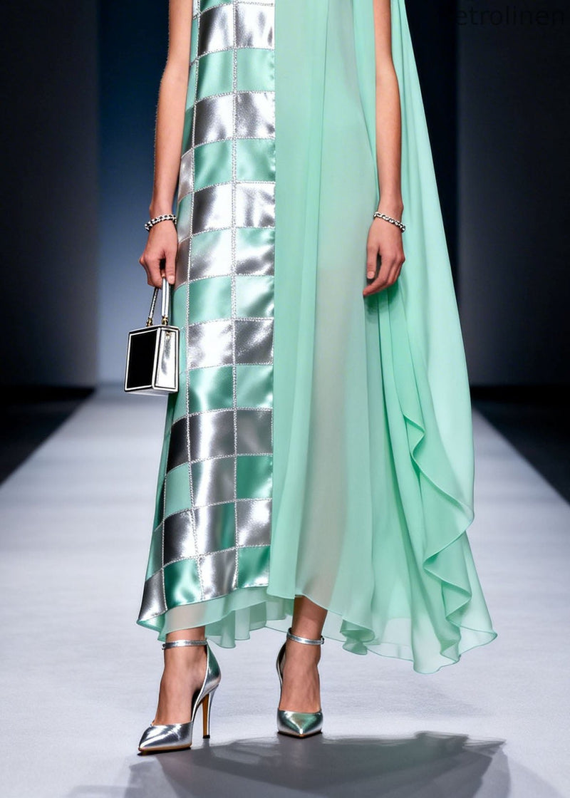 V Neck Plaid Print Chiffon Long Dress Summer