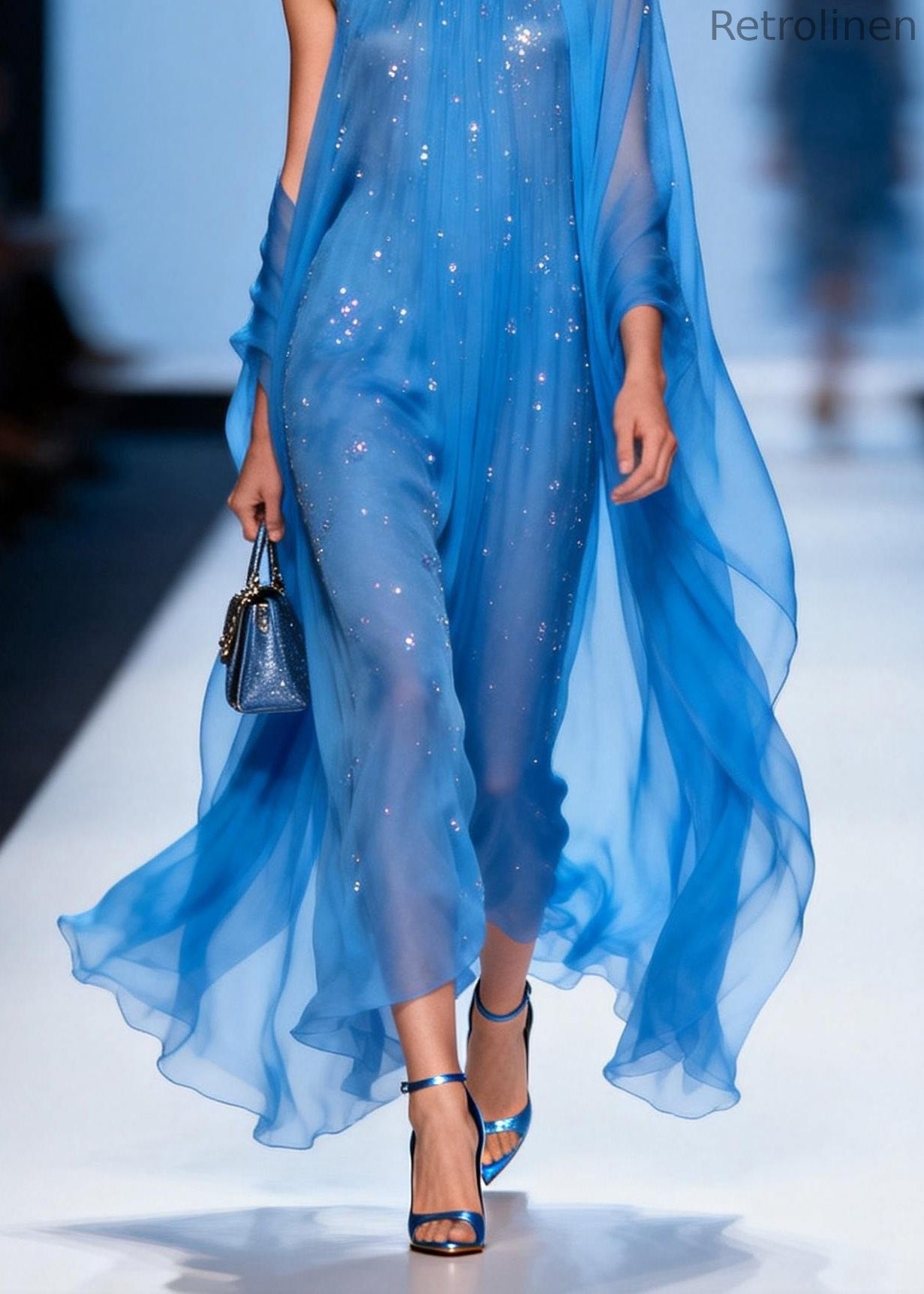 Loose Blue O Neck Zircon Patchwork Chiffon Dresses Summer