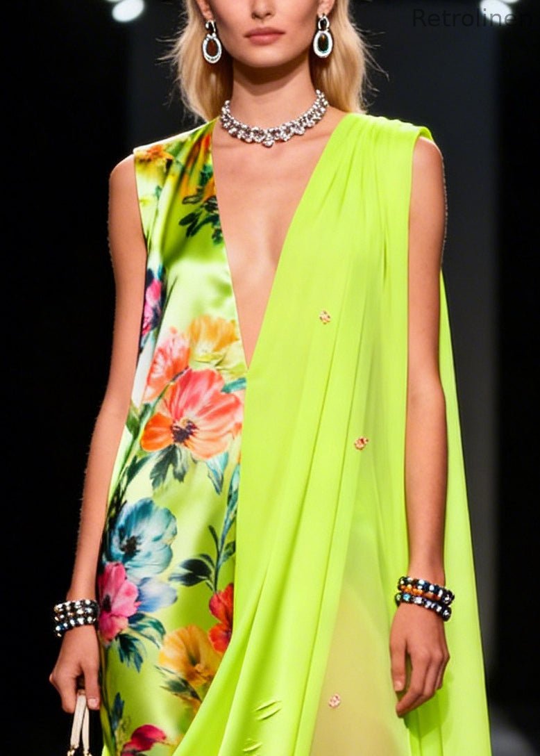 Fluorescent Green Asymmetrical Print Chiffon Holiday Dress Summer