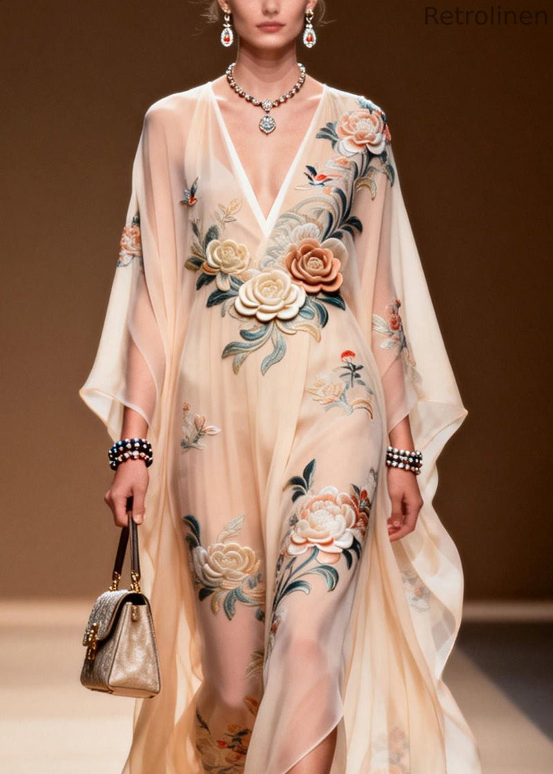 V Neck Print Wrinkled Chiffon Maxi Dresses Spring
