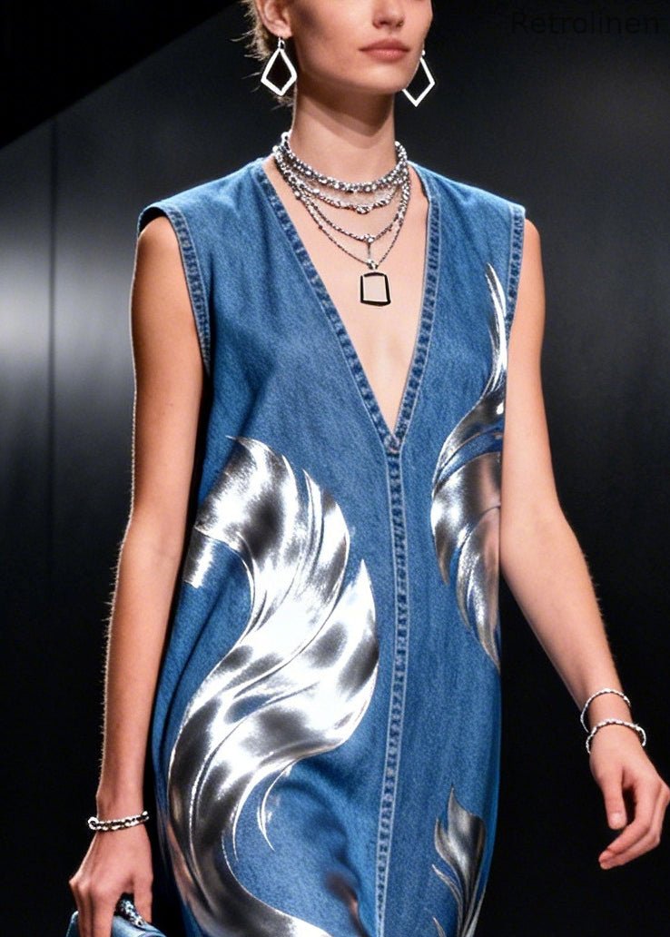 Blue V Neck Patchwork Print Denim Holiday Dresses Sleeveless