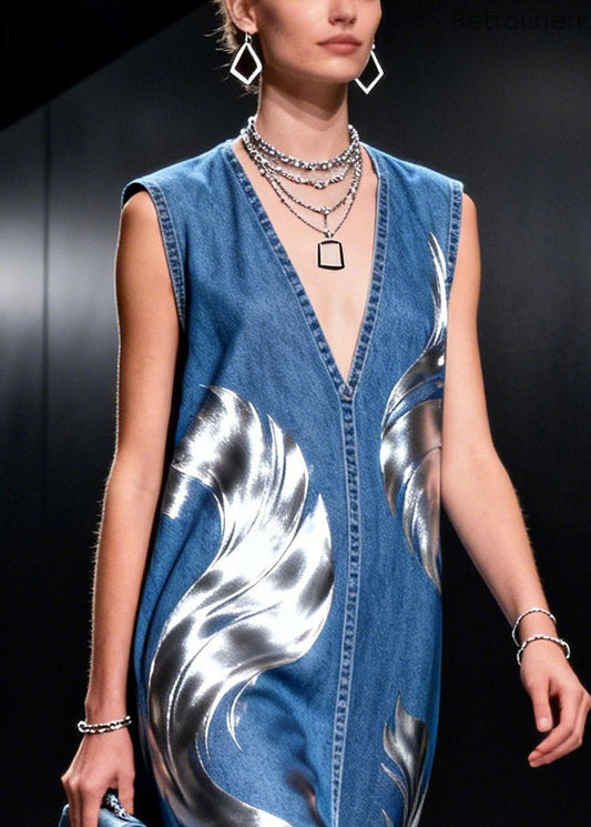 Blue V Neck Patchwork Print Denim Holiday Dresses Sleeveless