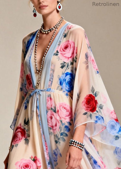Apricot Tie Waist Print Chiffon Party Dress Summer