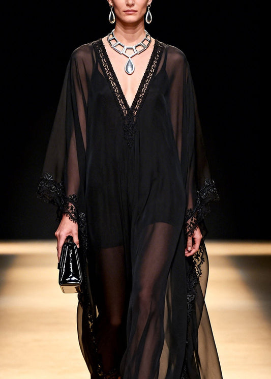 Black V Neck Patchwork Chiffon Maxi Dresses Summer
