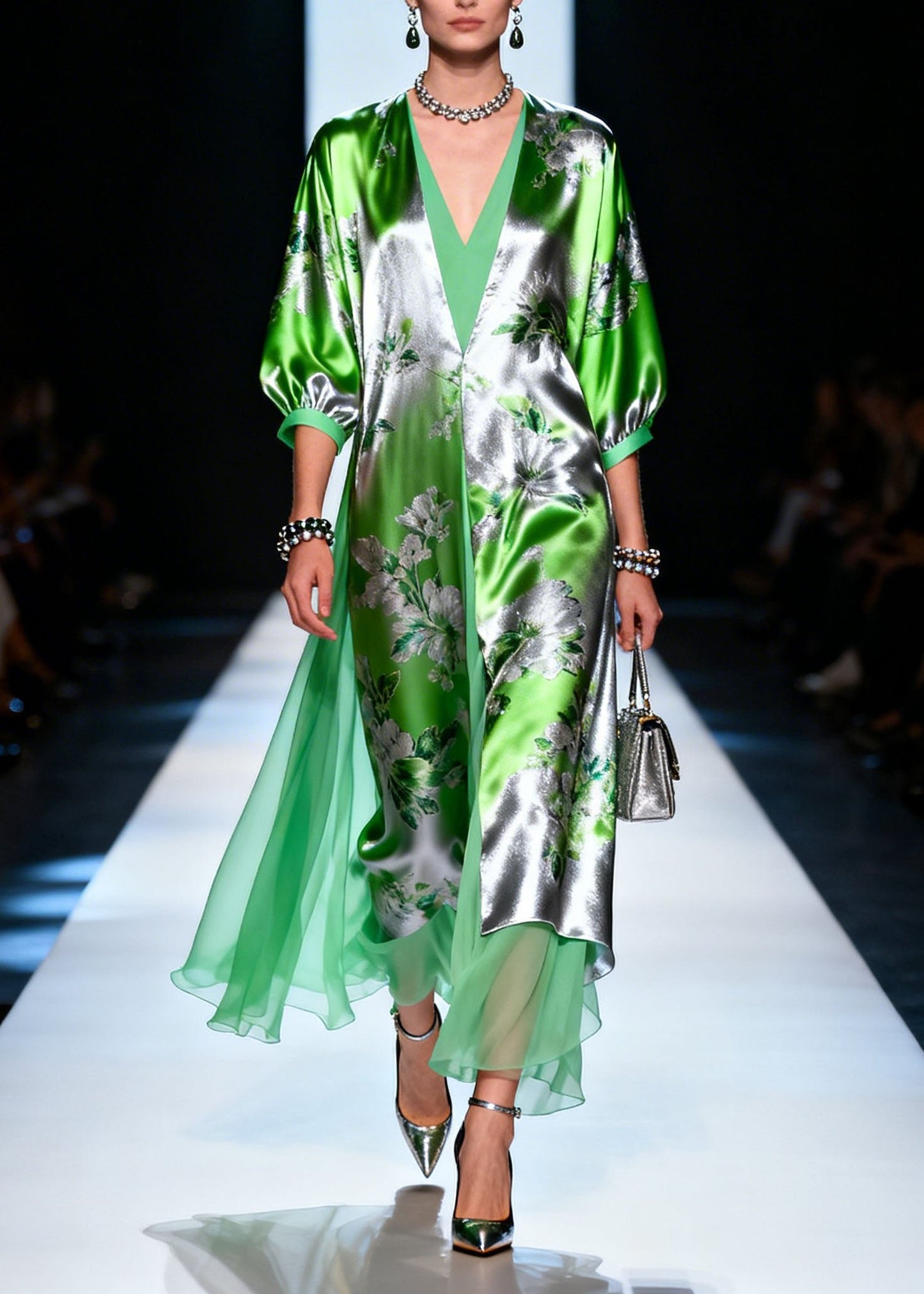 Modern V Neck Print Patchwork Silk Maxi Dresses Summer