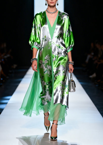 Modern V Neck Print Patchwork Silk Maxi Dresses Summer