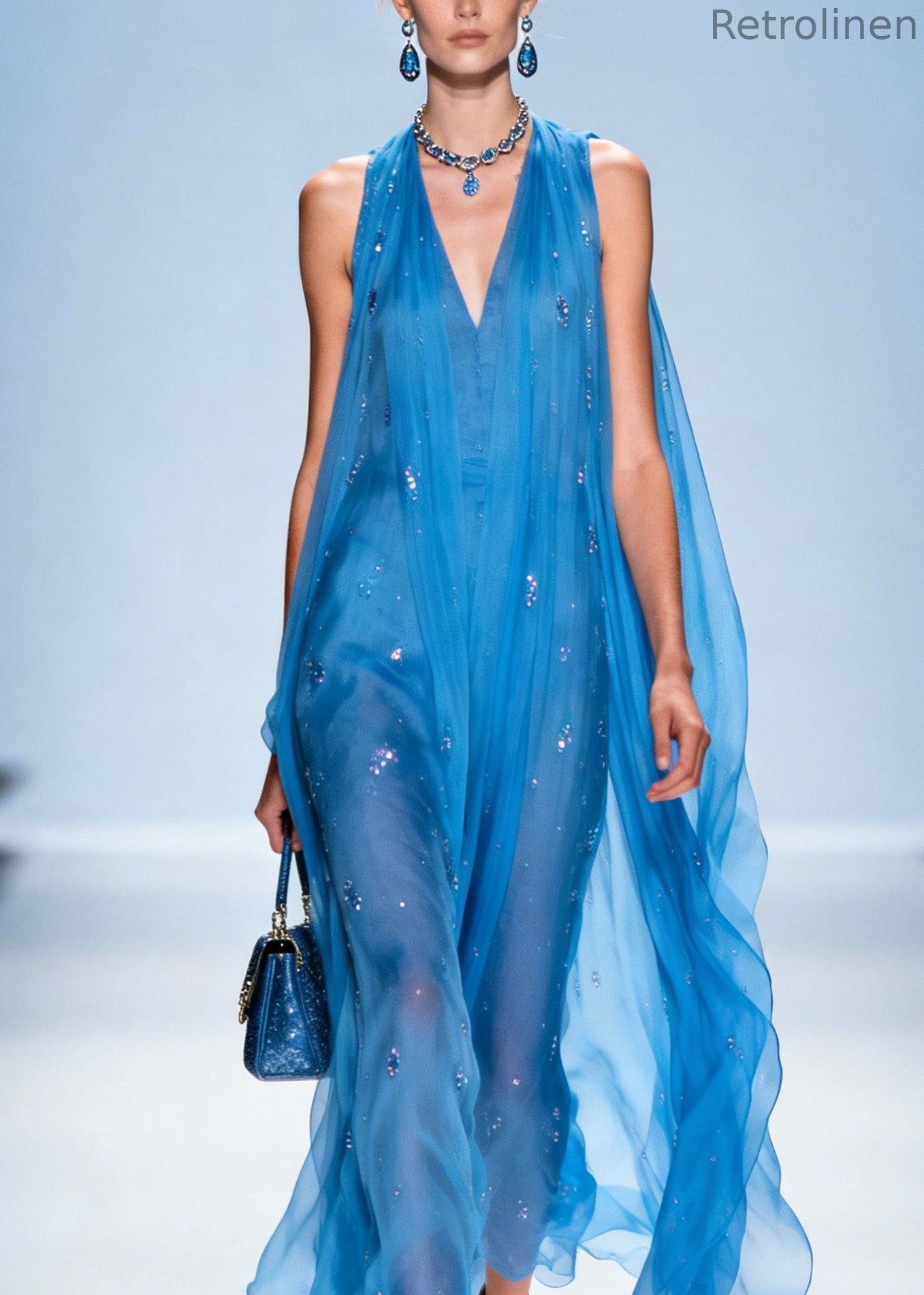 Blue V Neck Zircon Chiffon Dresses Sleeveless