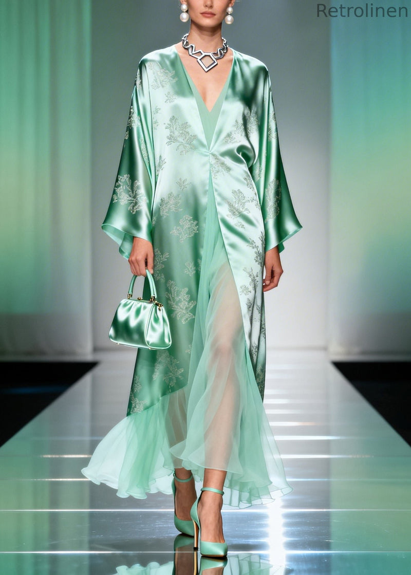 Art Lake Green Jacquard Patchwork Tulle Silk Long Dresses Spring