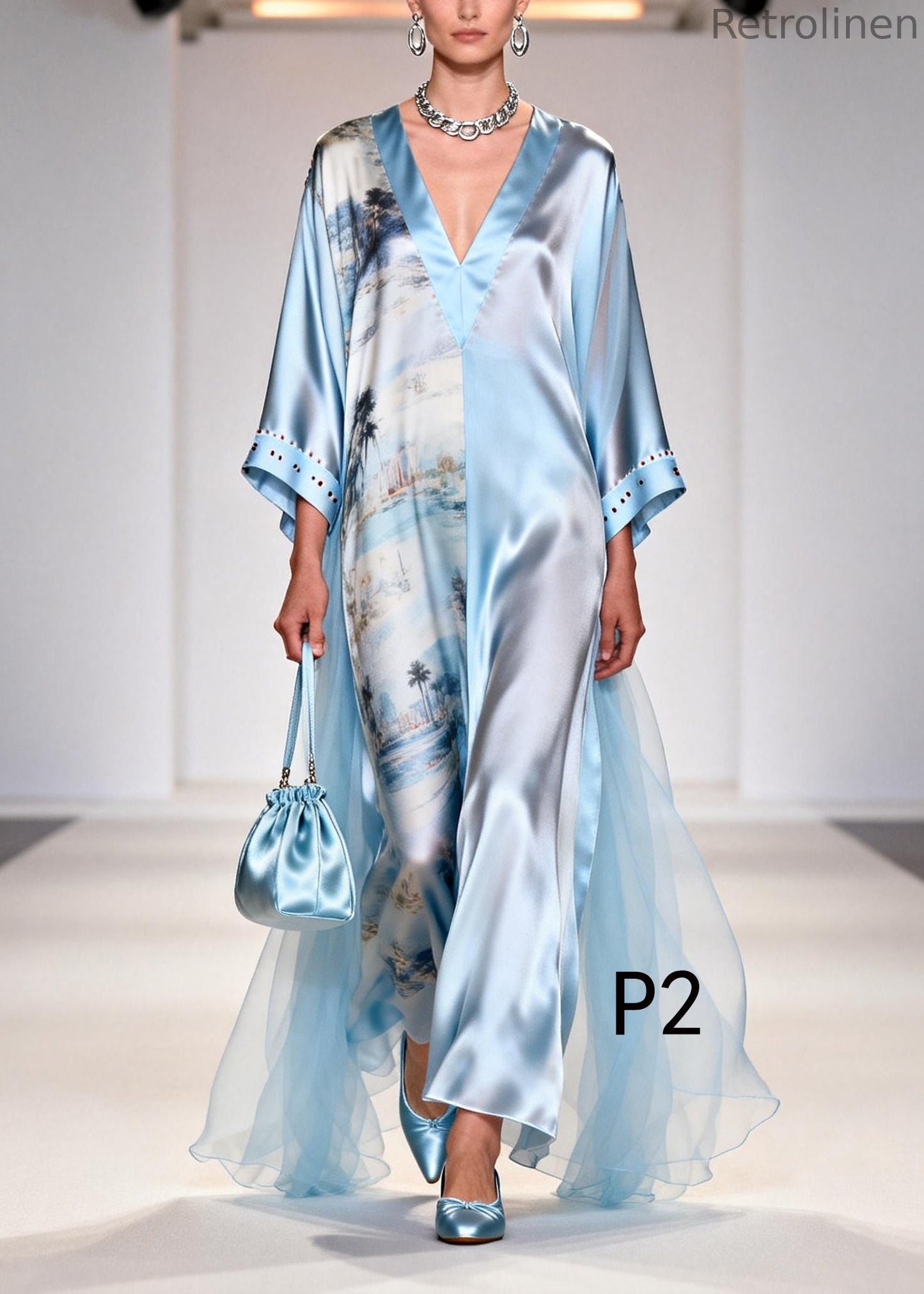 Light Blue Print Tulle Patchwork Rhinestone Dresses Summer
