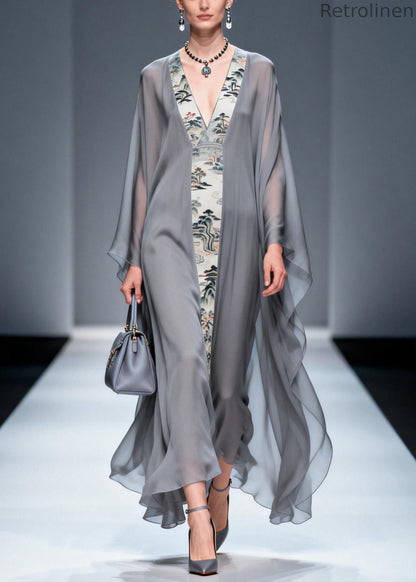 Retro Grey V Neck Patchwork Print Chiffon Maxi Dress Summer