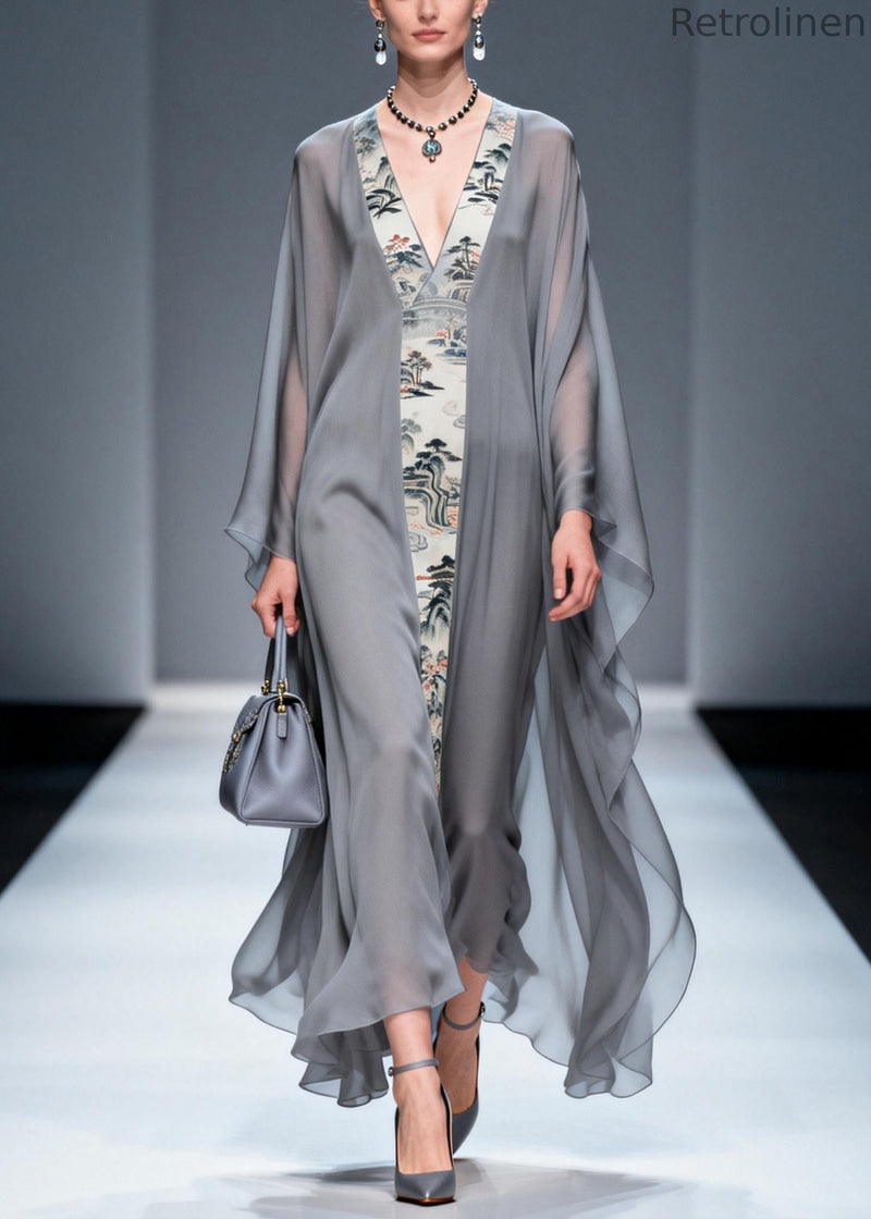 Retro Grey V Neck Patchwork Print Chiffon Maxi Dress Summer