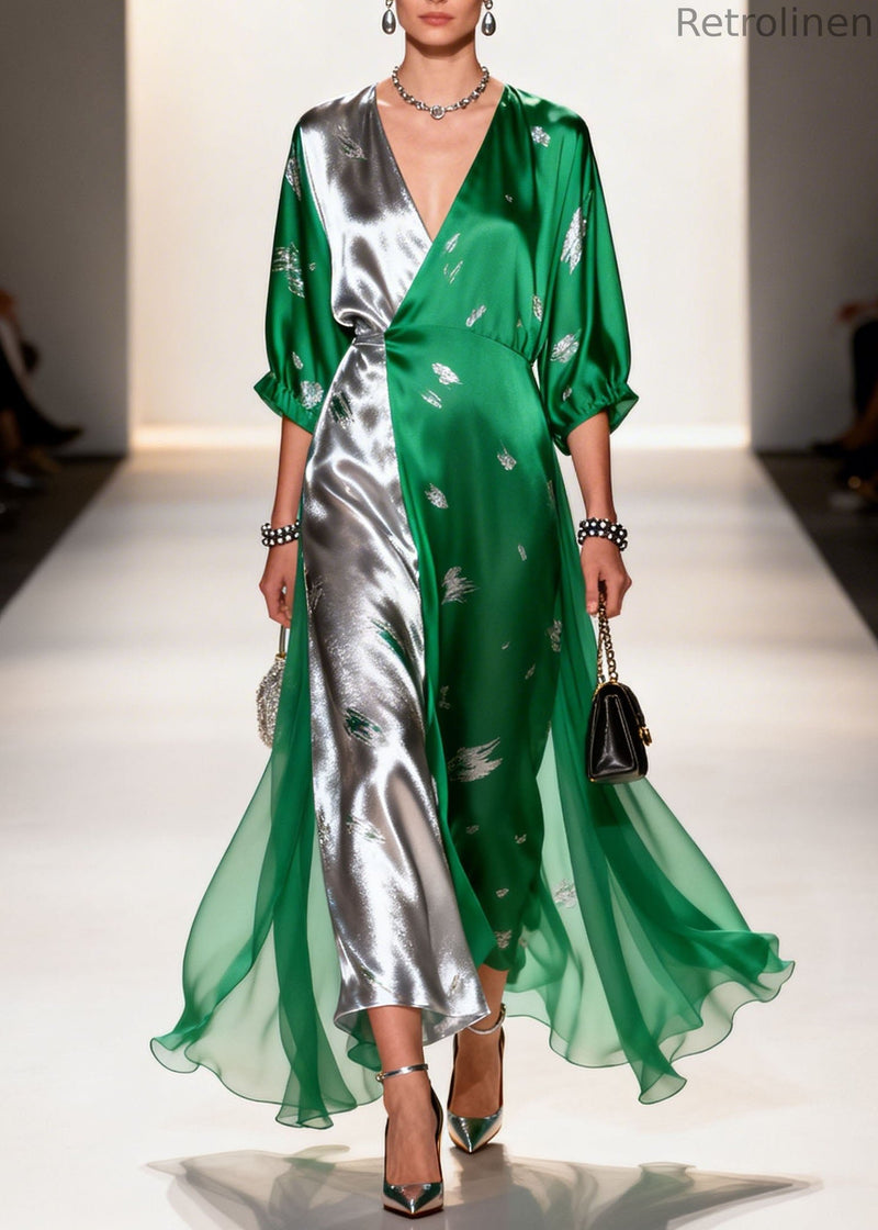 Colorblock V Neck Print Chiffon Long Dresses Summer