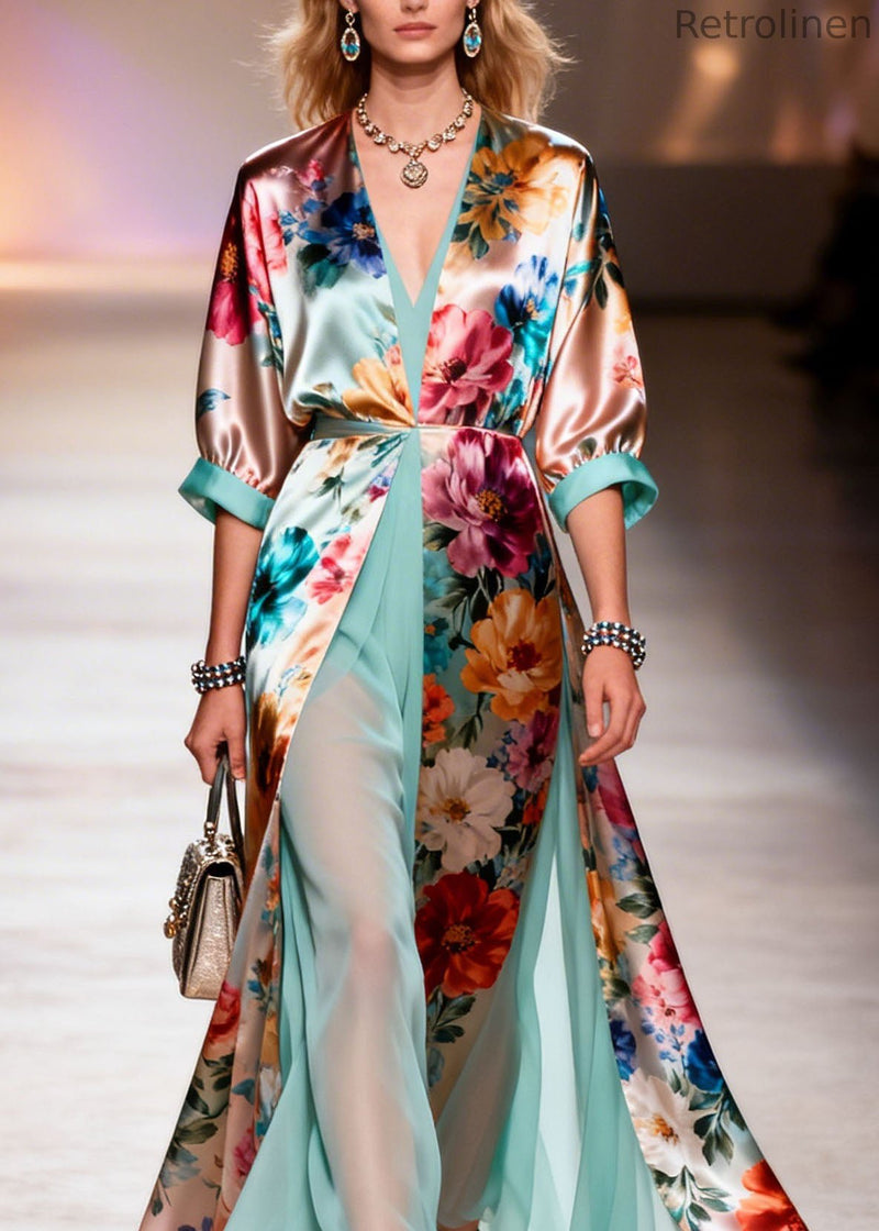 V Neck Print Patchwork Silk Dresses Summer
