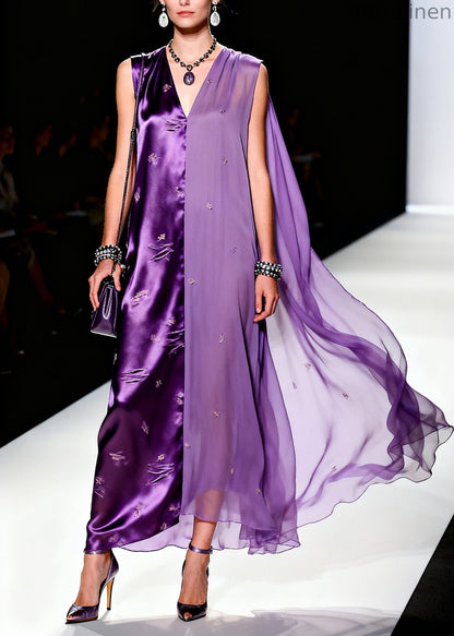Italian Purple Asymmetrical Patchwork Silk Long Dress Sleeveless