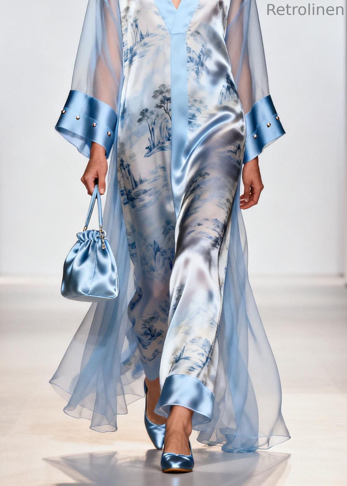 Italian Blue V Neck Print Zircon Chiffon Dresses Summer