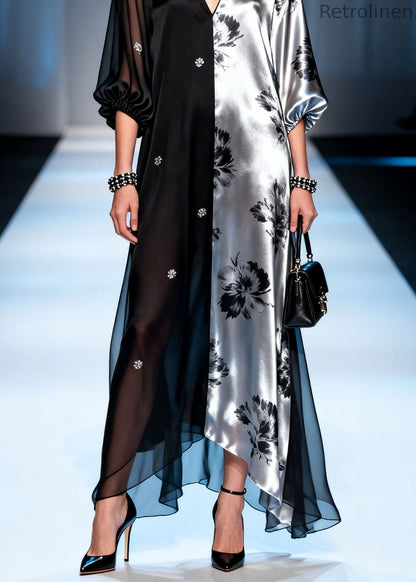 Colorblock V Neck Zircon Patchwork Chiffon Dress Summer